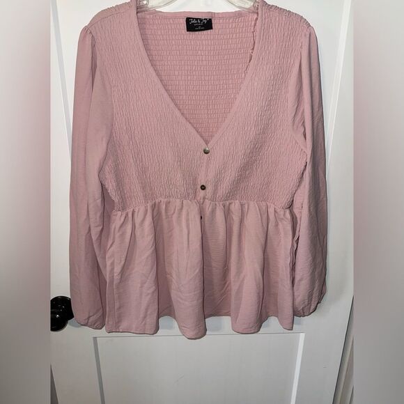 Pink Smocked Peplum Blouse with Long Sleeves - Picture 1 of 5